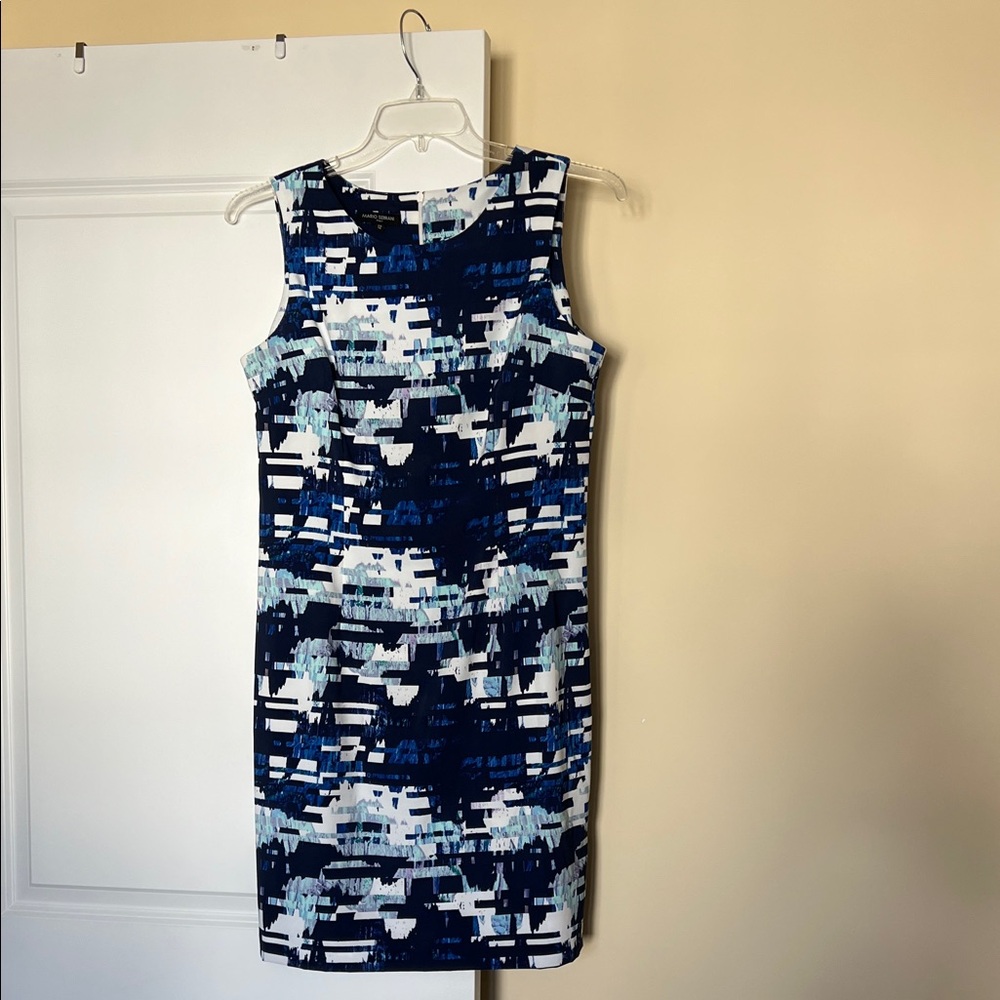 Italian Modern Abstract Sleeveless Dress in Navy, Light Blue and White